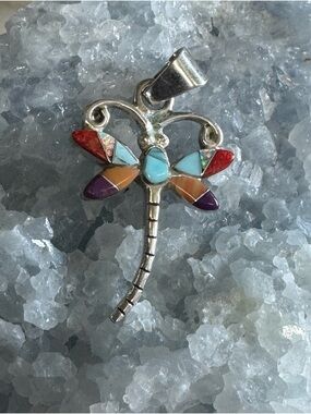 Sterling Silver Dragonfly Multi-stone Inlay Pendant - Southwestern Style